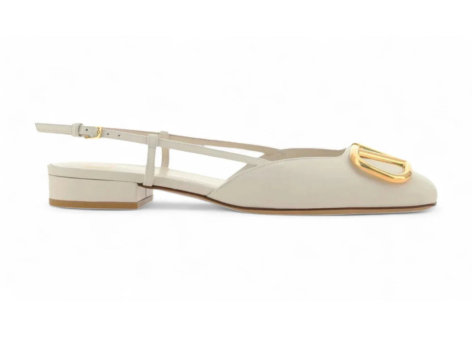 Valentino V Logo Calfskin Leather Slingback Flat Ivory (Women's)