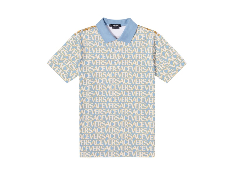 Versace All Over Logo Pique Polo Shirt Blue Multi