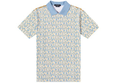 Versace All Over Logo Pique Polo Shirt Blue Multi