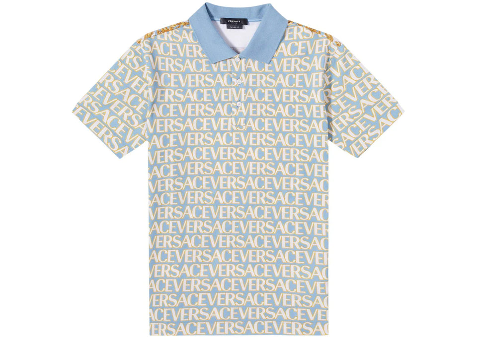 Versace All Over Logo Pique Polo Shirt Blue Multi