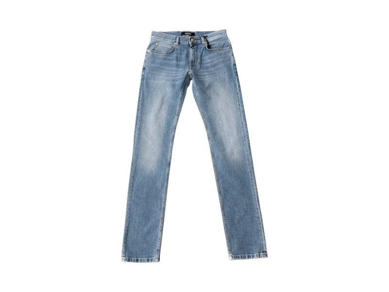 Versace Straight Leg Embroidered Logo Jeans Washed Light Blue