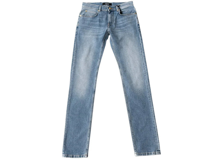 Versace Straight Leg Embroidered Logo Jeans Washed Light Blue