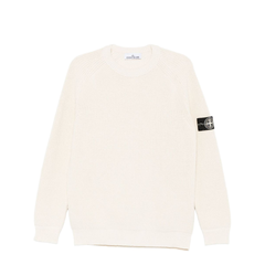 Beige Ribbed Knit Crew Neck Long Sleeves Compass Badge Cotton