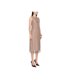 Concealed Rear Hook and Zip Fastening Internal Slip Dress with Tulle Overlay and Rear Slit