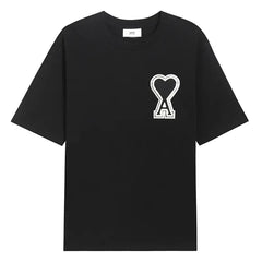 Ami Paris Pure Cotton Heart Embroidered Couple Unisex Black T-Shirt