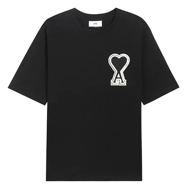 Ami Paris Pure Cotton Heart Embroidered Couple Unisex Black T-Shirt