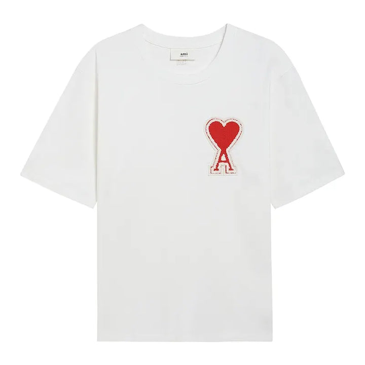 Ami Paris Pure Cotton RED Heart Embroidered Couple Unisex White T-Shirt