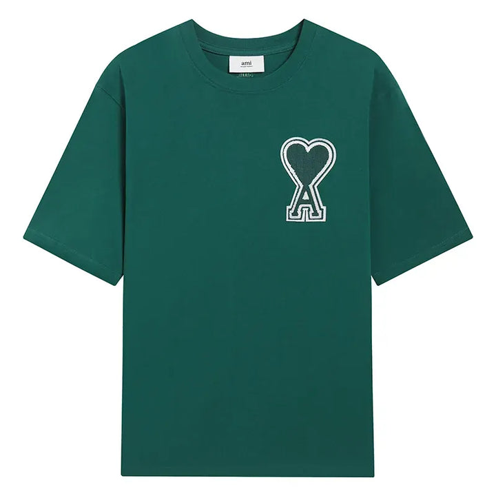 Ami Paris Pure Cotton Heart Embroidered Couple Unisex Green T-Shirt