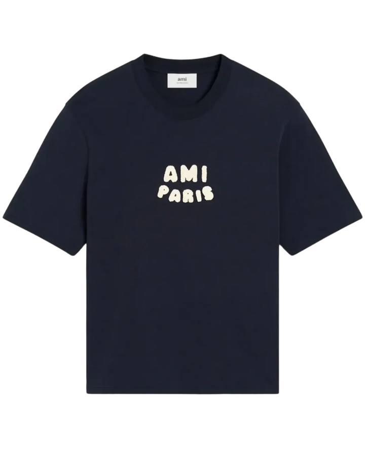 AMI Paris cotton T-Shirt with a front logo patch navy blue
