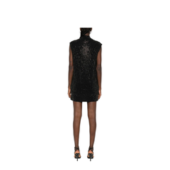 Plain-knit Virgin Wool-blend Sleeveless Dress with All-over Rhinestones