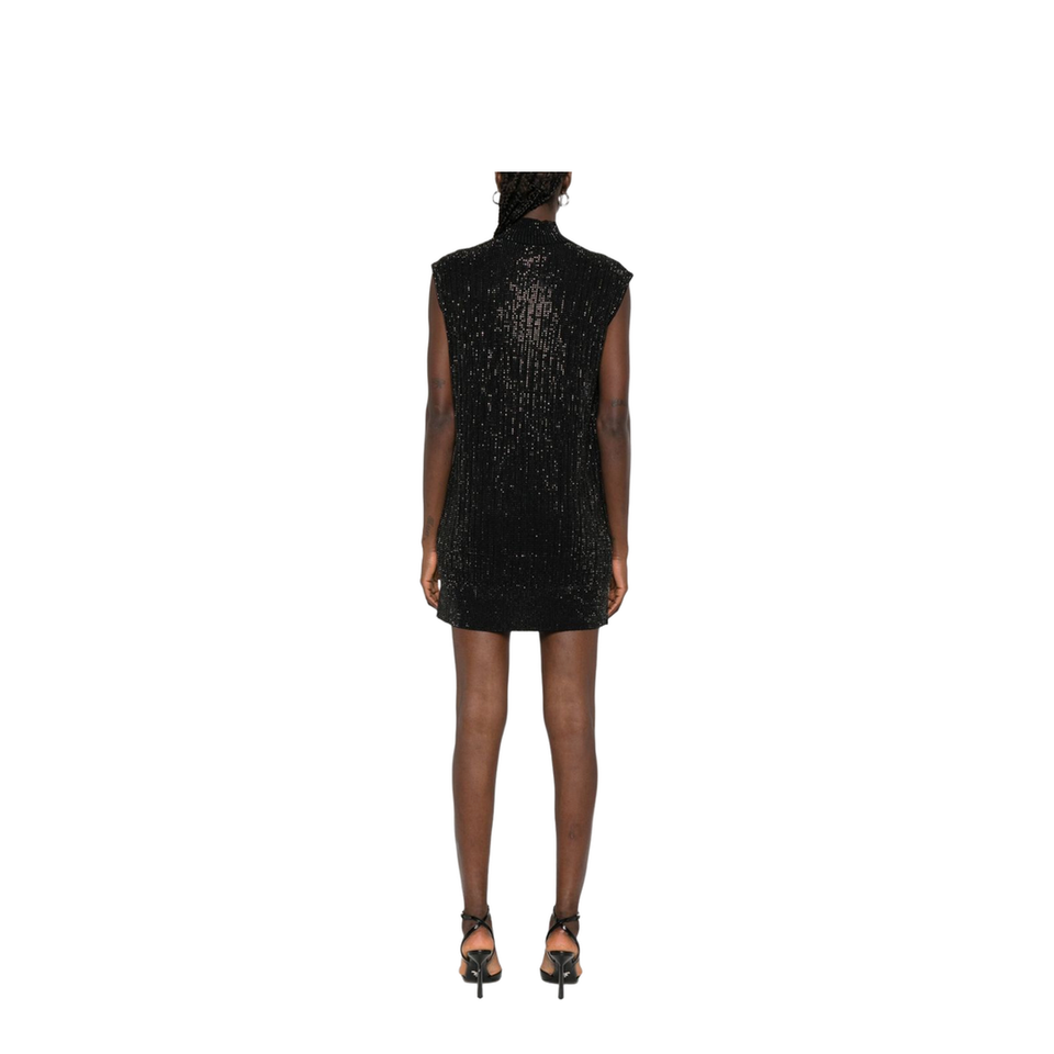Plain-knit Virgin Wool-blend Sleeveless Dress with All-over Rhinestones