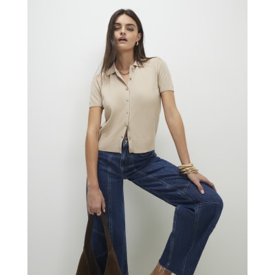Beige Knitted Short Sleeve Polo Cardigan
