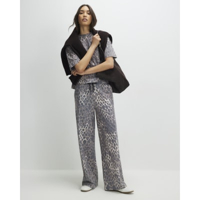 Beige Leopard Drawstring Wide Leg Joggers