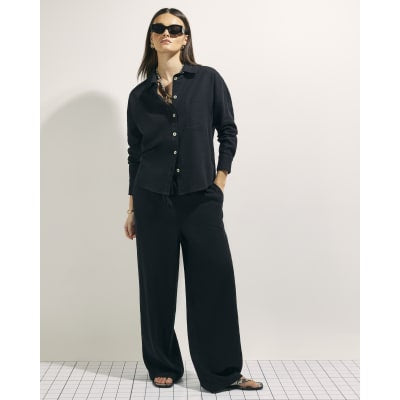 Black Linen Blend Wide Leg Trousers