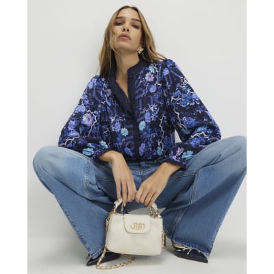 Blue Floral Long Sleeve Ruffle Blouse