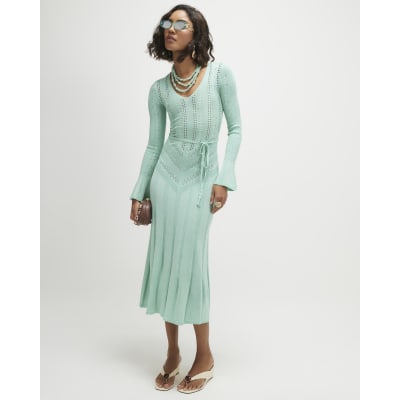Blue Metallic Flare Knitted Midi Dress