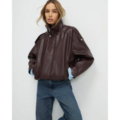 Brown Faux Leather Funnel Neck Jacket