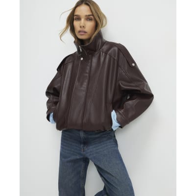 Brown Faux Leather Funnel Neck Jacket