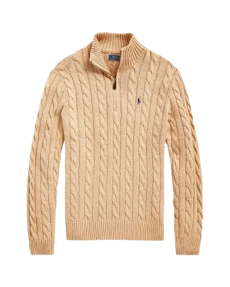 Cable-Knit Cotton Quarter-Zip Jumper (Camel Melange)