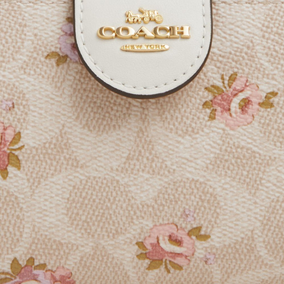 Coach Medium Corner Zip Wallet In Signature Canvas With Floral Print Gold Sand Multi