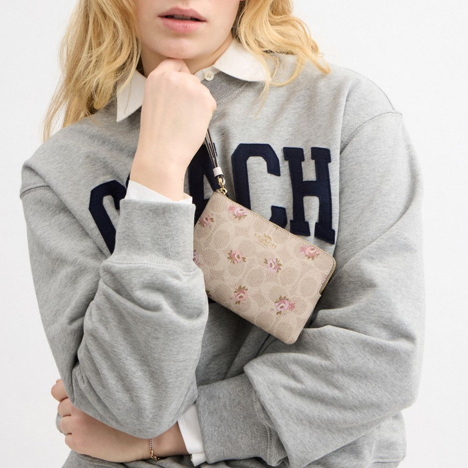 Coach Corner Zip Wristlet In Signature Canvas With Floral Print Gold-Sand Multi