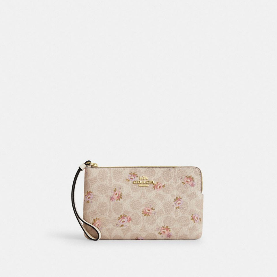 Coach Large Corner Zip Wristlet In Signature Canvas Gold-Sand Multi