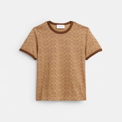Coach Signature Ringer T-Shirt In Organic Cotton Tan Signature