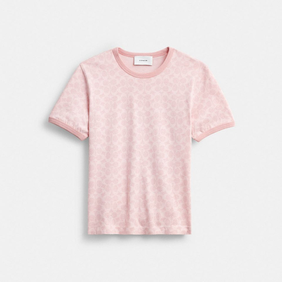 Coach Signature Ringer T-Shirt In Organic Cotton Pink Signature
