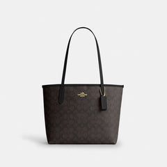Coach Medium City Tote Bag In Signature Canvas Gold Walnut Black