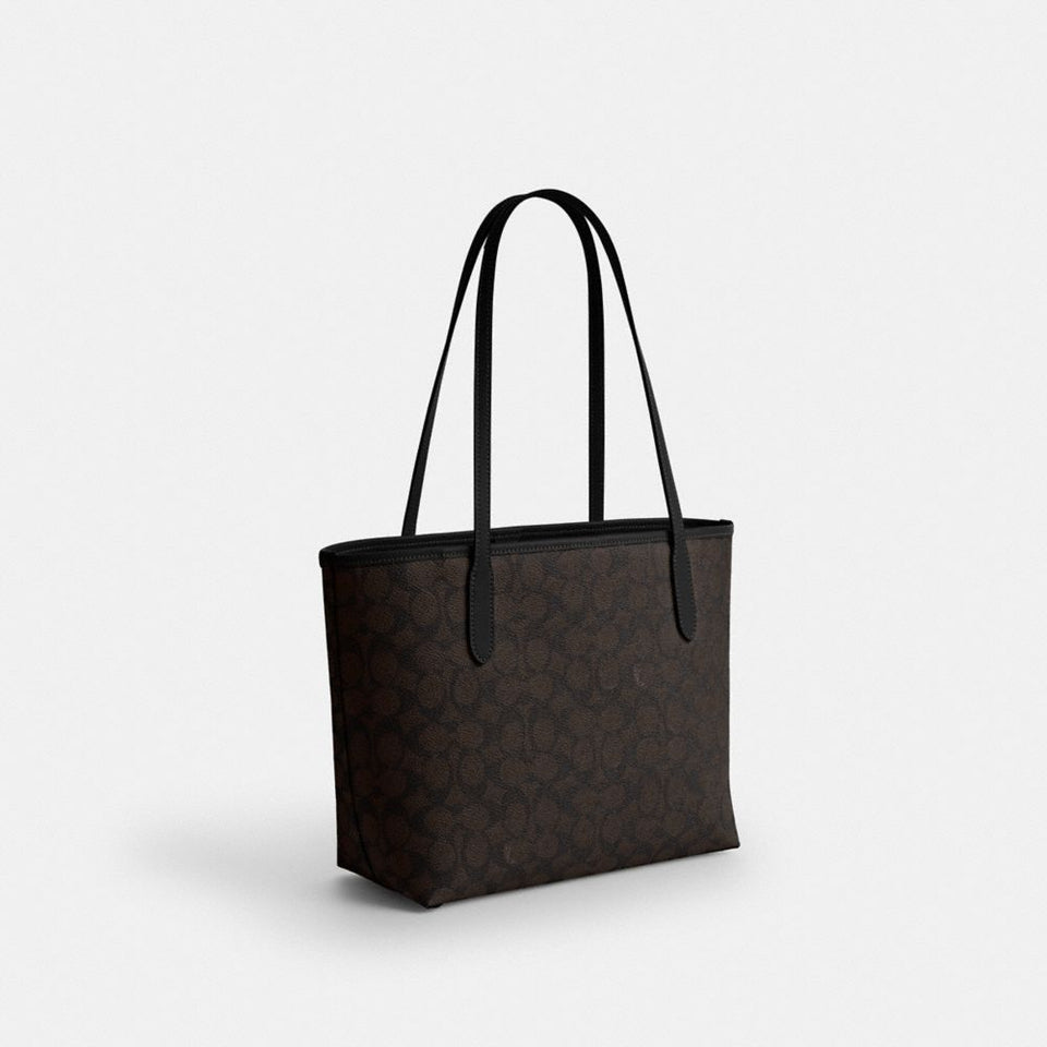 Coach Medium City Tote Bag In Signature Canvas Gold Walnut Black