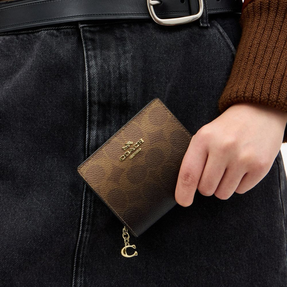 Coach Snap Wallet In Ombre Signature Canvas Gold Brown
