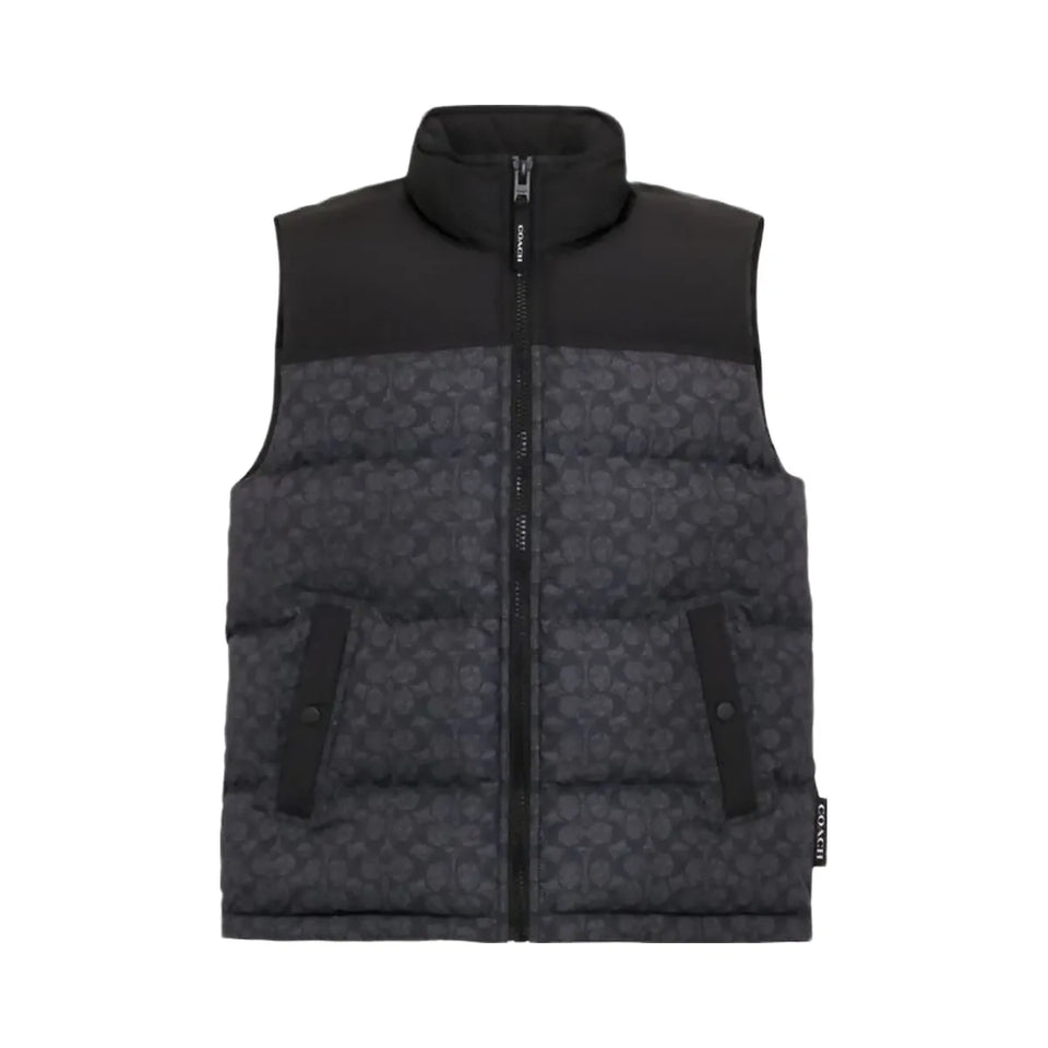 Coach Signature Down Vest In Recycled Polyester Charcoal Signature