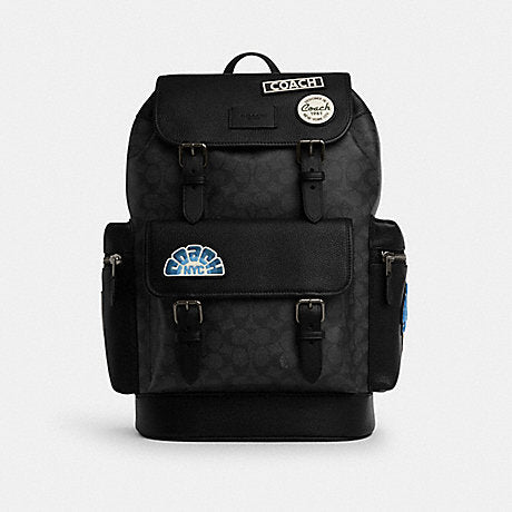 Coach Sprint Backpack In Signature Canvas With Patches Gunmetal Charcoal Multi