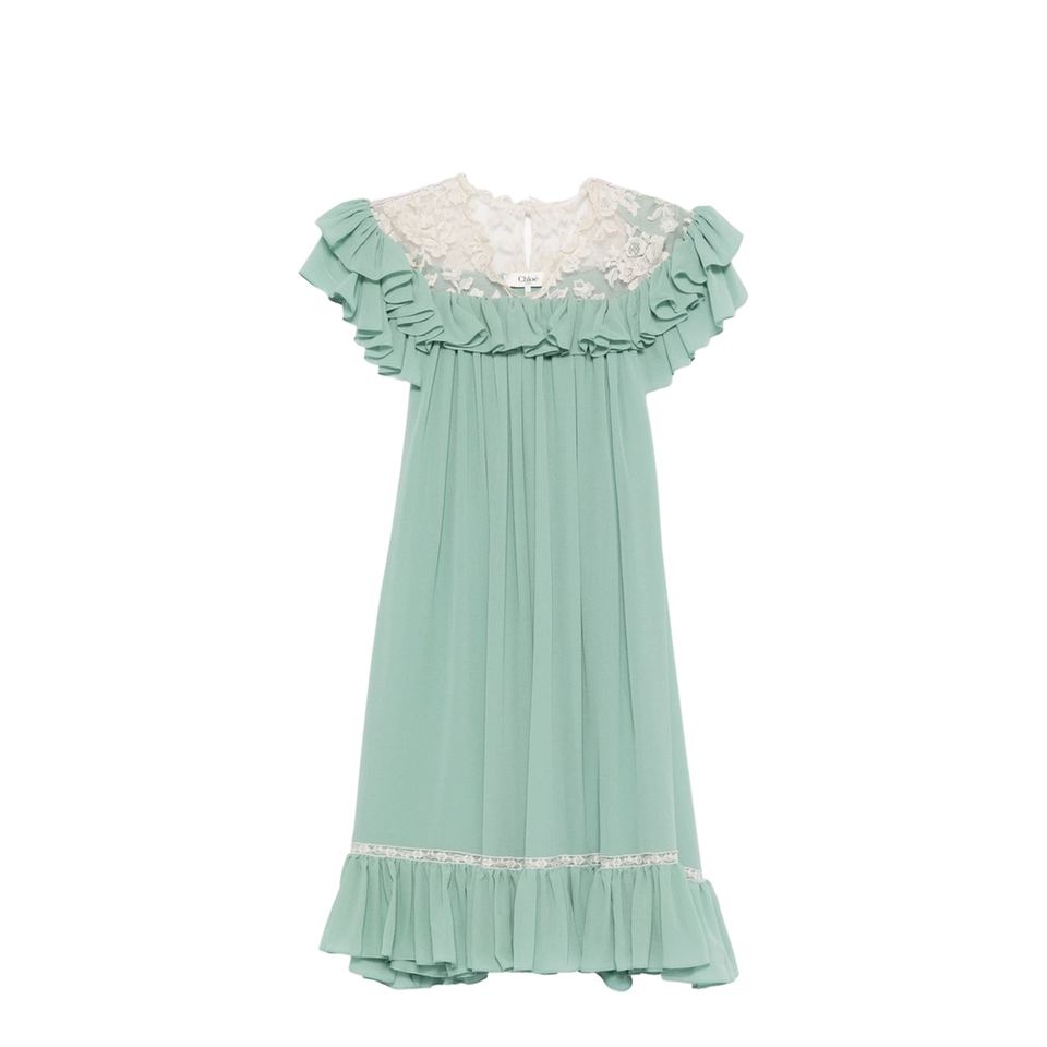 Shorts-sleeve mini dress in silk georgette & lace
