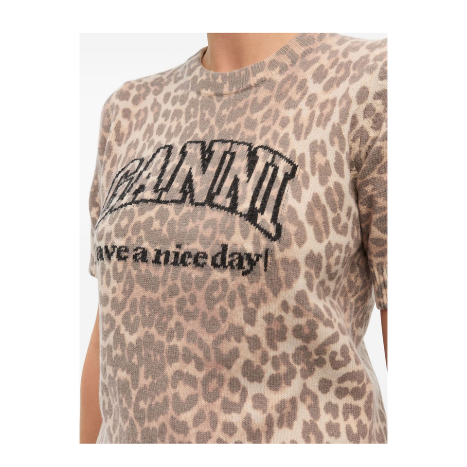 Beige Crew Neck Shorts Sleeves Leopard Print Ribbed Trim