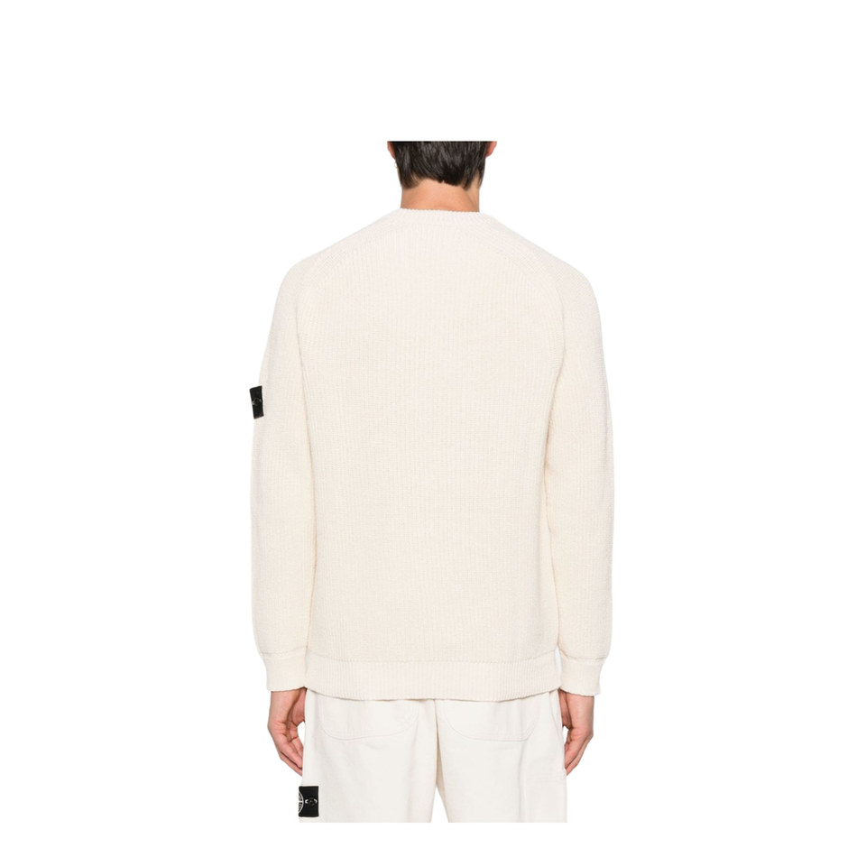 Beige Ribbed Knit Crew Neck Long Sleeves Compass Badge Cotton