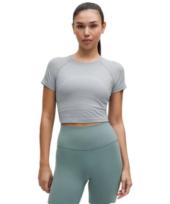 Lululemon Swiftly Tech Cropped Shorts-Sleeve Shirt 2.0 Spandex Stripe White/Grey Oasis