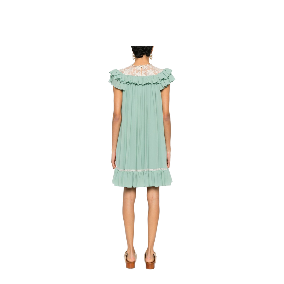 Shorts-sleeve mini dress in silk georgette & lace
