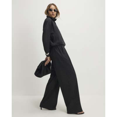 Grey Pinstripe Elastic Wide Leg Trousers