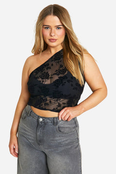 Plus Flocked Floral One Shoulder Top