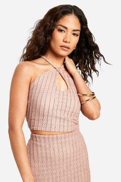 Petite Textured Halter Keyhole Crop Top