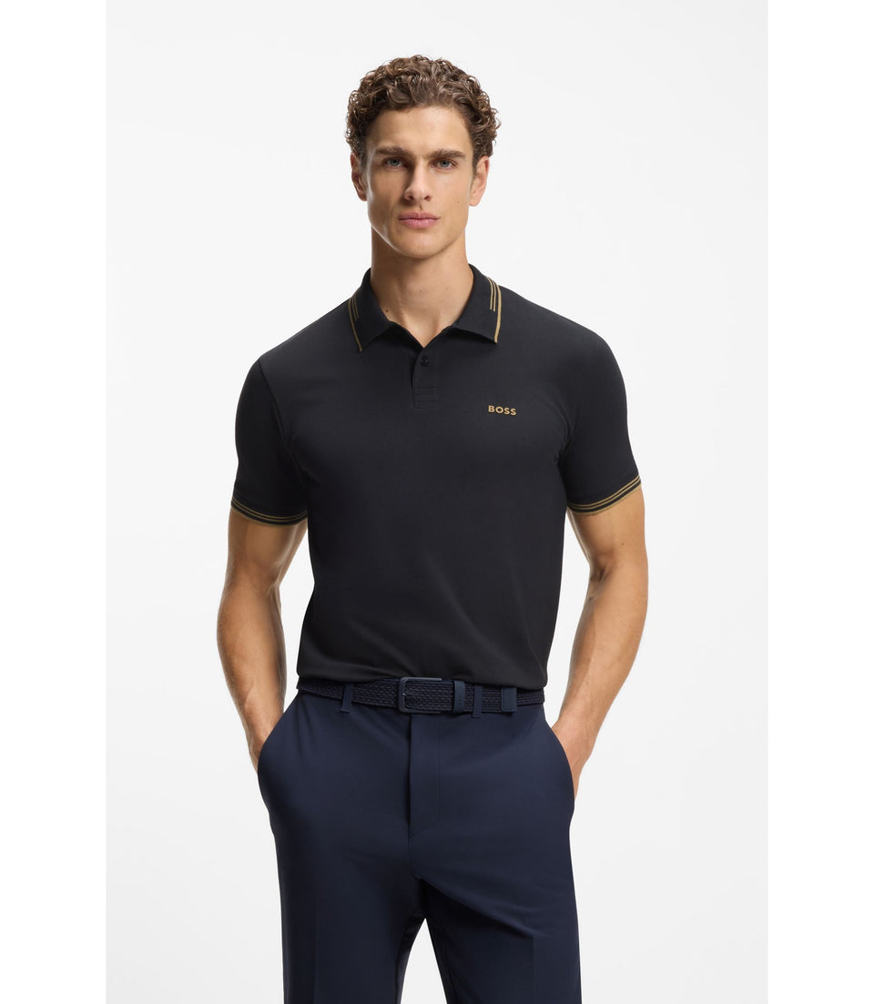Boss Stretch Cotton Slim Fit Polo Shirt With Branding And Stripes Dark Blue