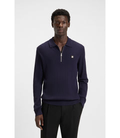 Hugo Stacked Logo Sweater With Zip Collar Dark Blue
