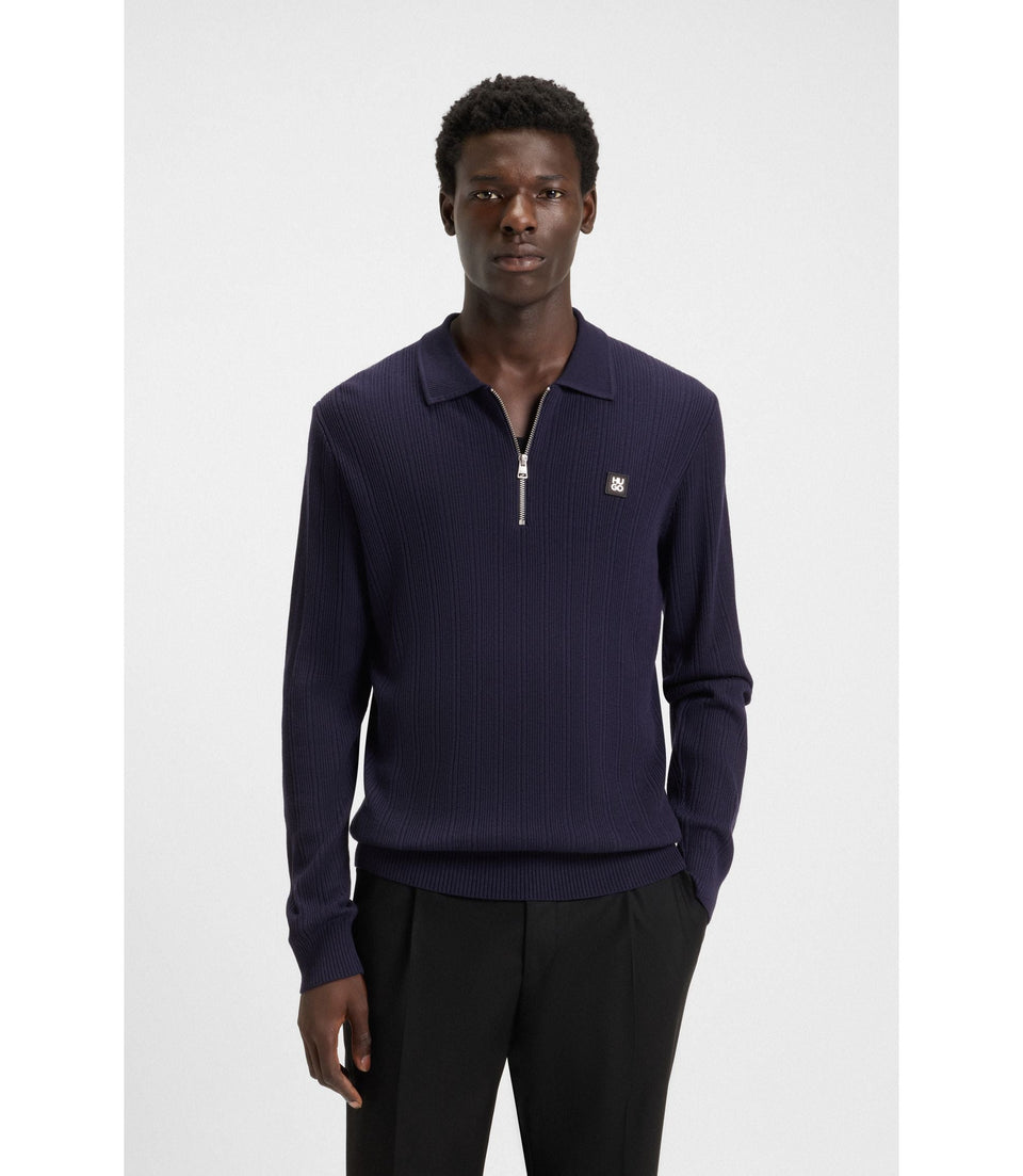 Hugo Stacked Logo Sweater With Zip Collar Dark Blue