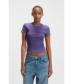Hugo Rhinestone Logo Slim Fit T-Shirt In Stretch Cotton Purple Women's
