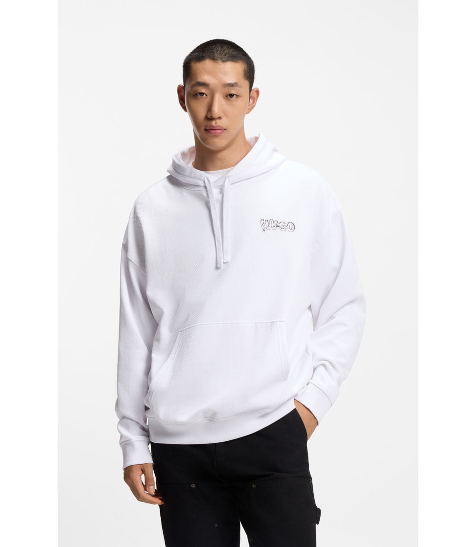 Hugo Logo Print Hoodie In Cotton Terry White