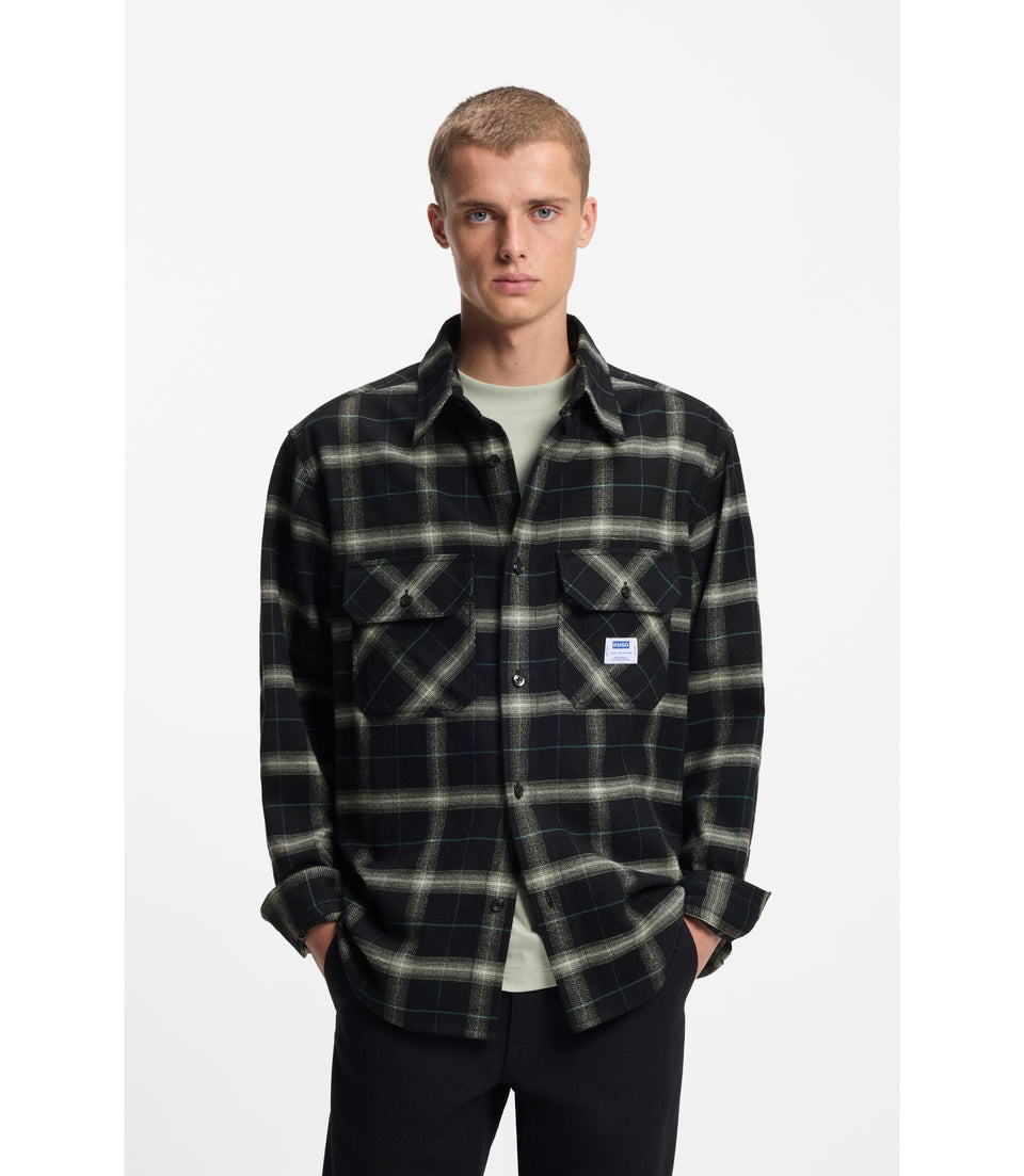 Hugo Checked Oversized Fit Overshirt In Cotton Twill Black
