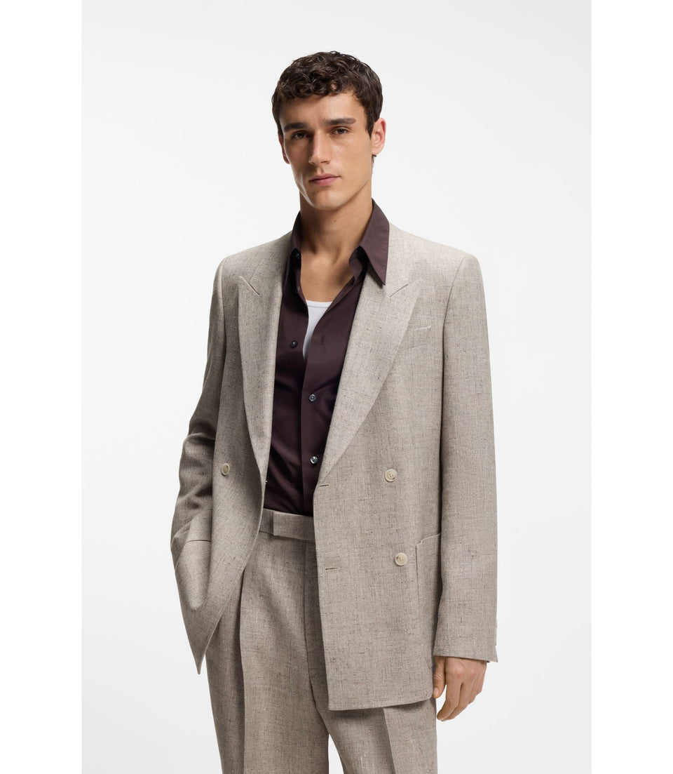 Boss Relaxed Fit Double Breasted Blazer With Micro Pattern Light Beige
