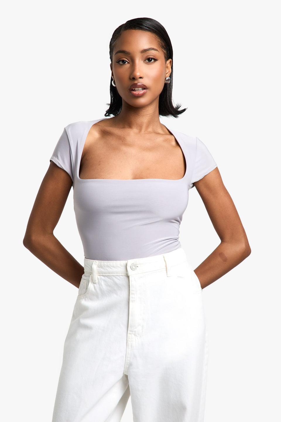Double Layer Slinky Square Neck Cap Sleeve Bodysuit