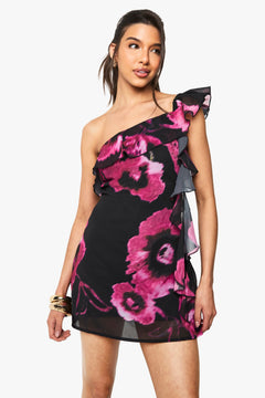 Floral Chiffon Ruffle One Shoulder Mini Dress